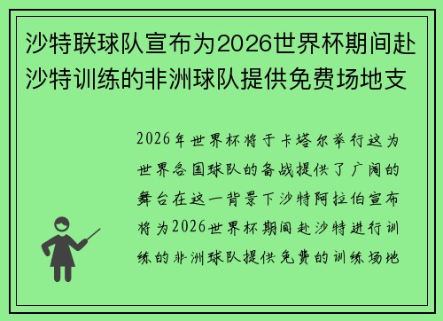 沙特联球队宣布为2026世界杯期间赴沙特训练的非洲球队提供免费场地支持 沙特联球队宣布为2026世界杯期间赴沙特训练的非洲球队提供免费场地支持